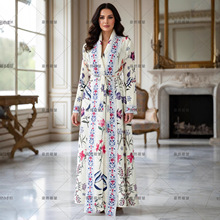 abaya中东长袍女装阿巴亚三宅褶皱印花风衣外套女春秋亚马逊跨境