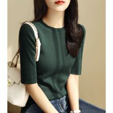 仅用于产品展示勿拍-绿色五分袖针织衫女修身显瘦时髦减龄上衣内