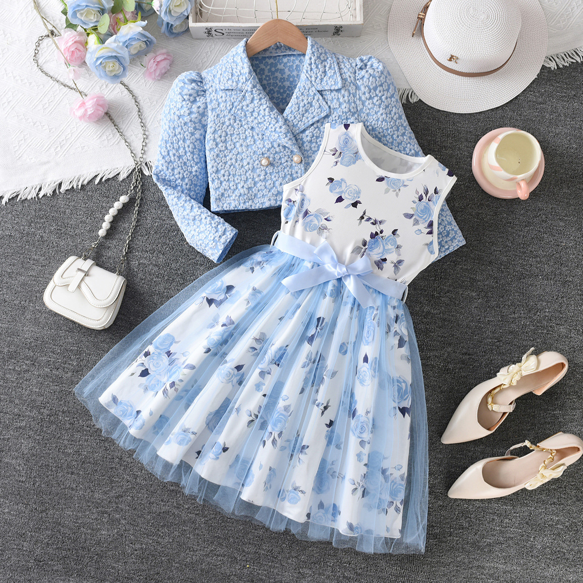 Foreign Trade Girls' Dress Set Sky Blue Rose Vest Dress Small Fragrant Lapel Jacket Kidsren's Two-Piece Set