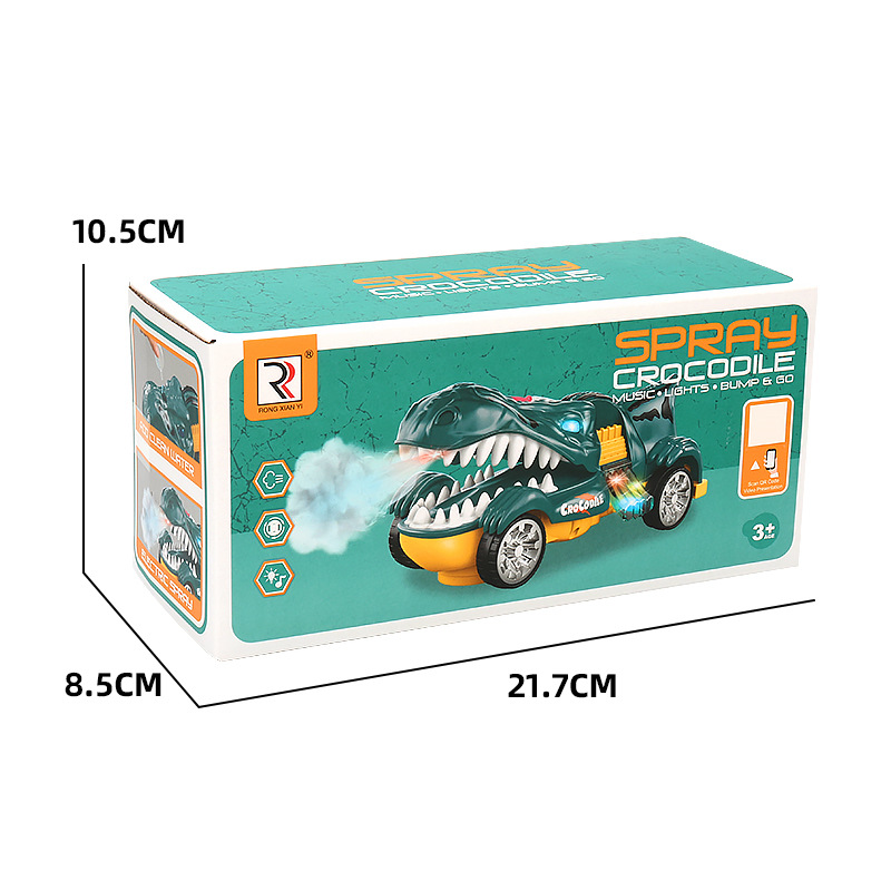 Nuevos productos eléctricos mecánicos cocodrilo carro de guerra universal música iluminación spray cocodrilo coche de juguete para niños puzzle al por mayor