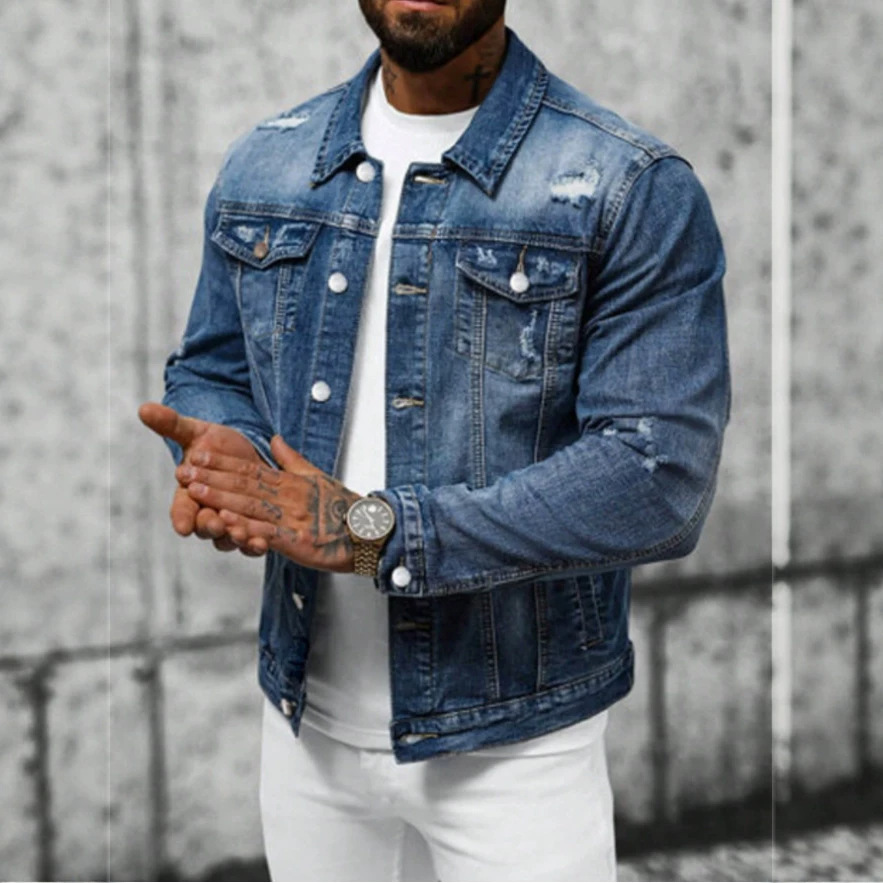 Veste en jean slim pour homme, idéale pour le printemps, en polyester légèrement extensible._voghion.com