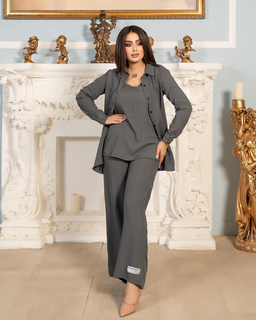 GraceChic Dreiteiliges Set, sofort lieferbar, Naher Osten, Grenzüberschreitend, Arabisch, Herbst 2024, Neue Mode, Ärmelhemd, Weste, Lange Hose_voghion.com