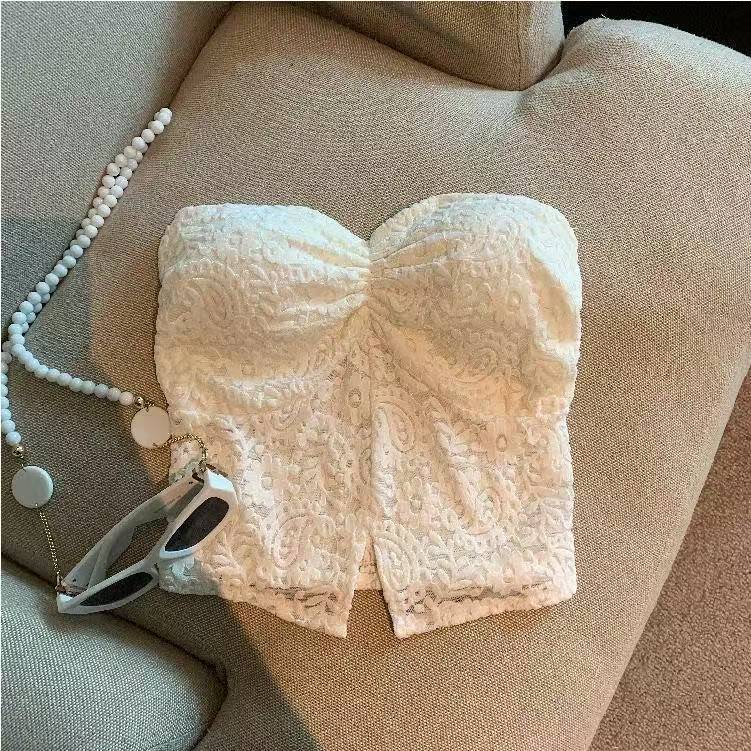 Women’s Black Lace Slit Tube Top Bustier with Built-in Chest Pads and Open Back Design — detail image 5