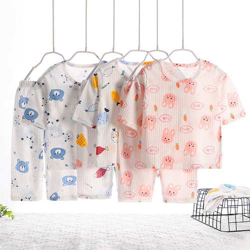 Two sets of children's summer thin air-conditioned clothing suits for boys and girls aged 1-6 years old, three-quarter sleeve home pajamas