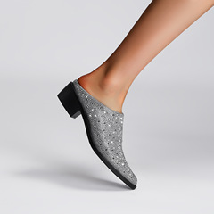 2023 New Arrival Fashionable Plus-Size Women's Mules with Rhinestones, Pointed Toe, Slip-On Design, Chunky Heel, and Mid-Heel Style