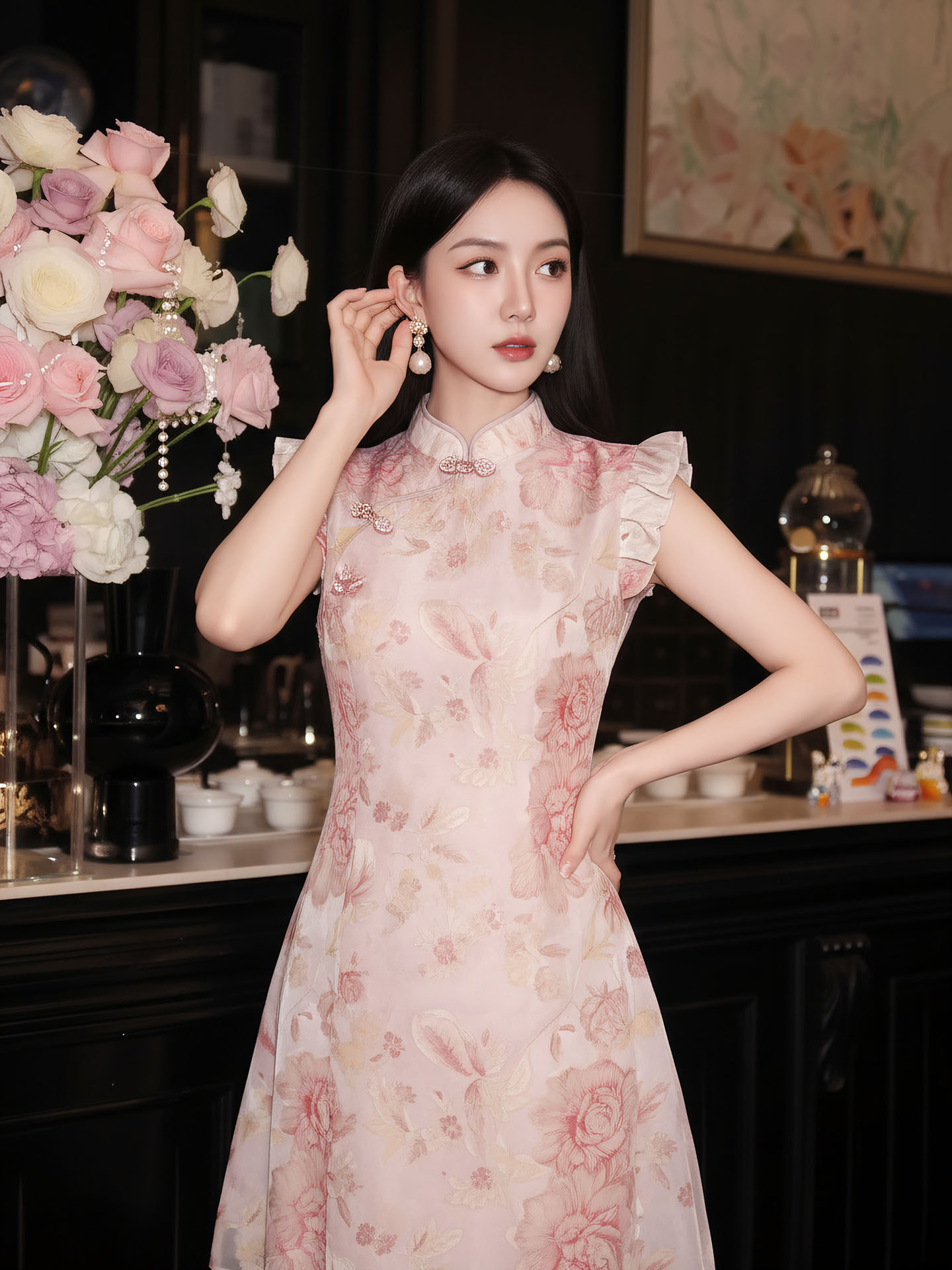 Đầm maxi nữ thắt eo họa tiết hoa nhí tay bèo phong cách Tân Trung Quốc — màu hồng