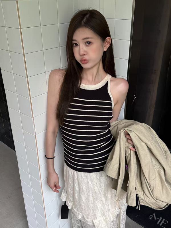 ME KAKAMEE十三行秋韩系撞色条纹圆领无袖修身显瘦针织背心女 723|undefined
