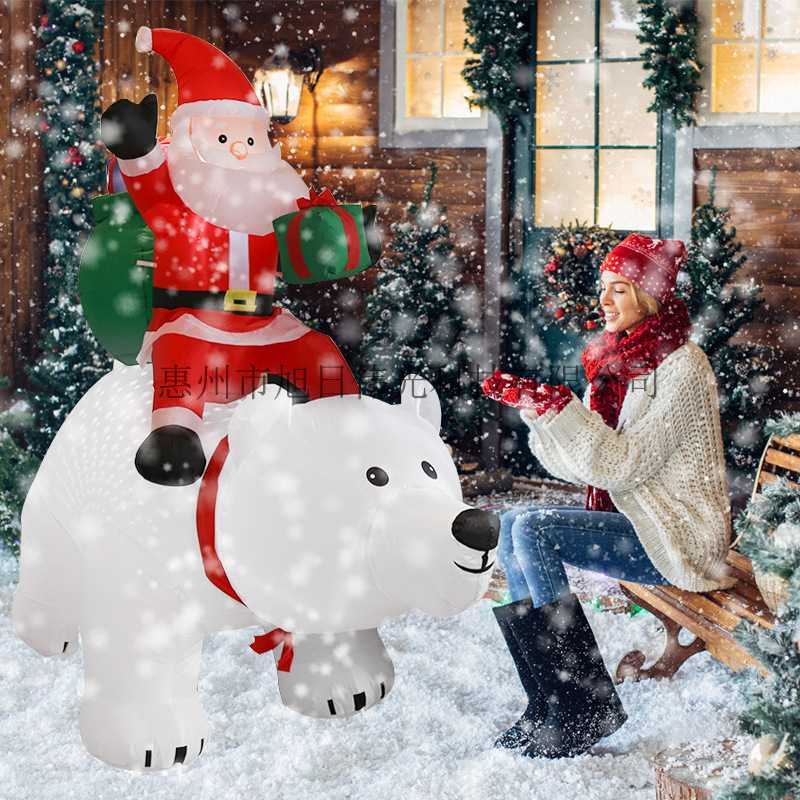 6ft跨境圣诞节老人骑熊充气气模 户外防水庭院草坪装饰发光道具