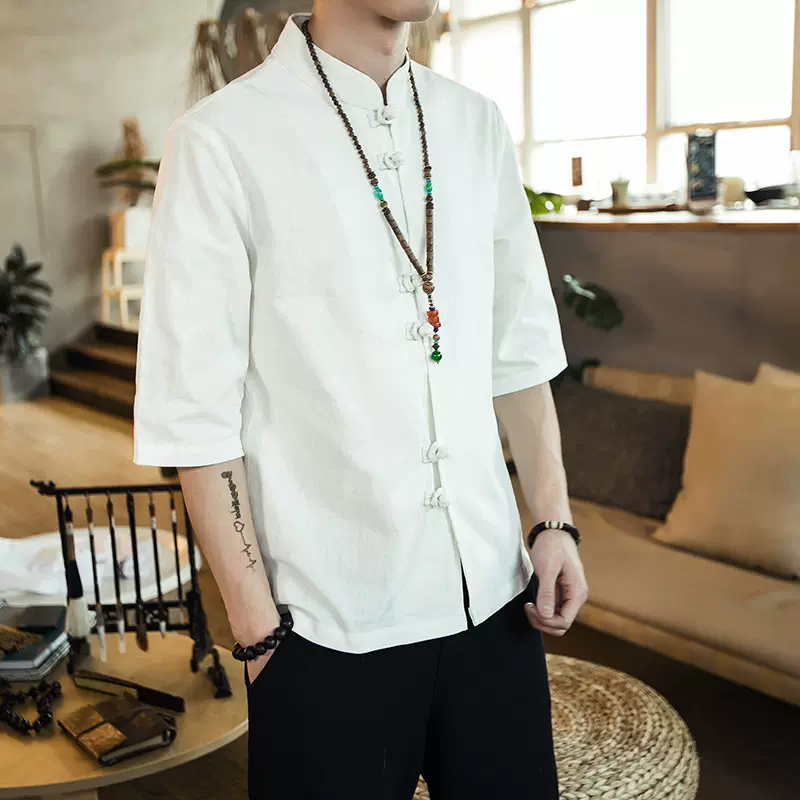 夏季男士薄款棉麻五分袖唐装中国风盘扣汉服立领亚麻衬衫男中山装