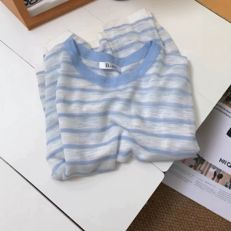 Blue and White Striped Round Neck Long-Sleeved Knitwear Sun Protection Women's 2026 New Style Lazy Style Loose Casual Thin Top