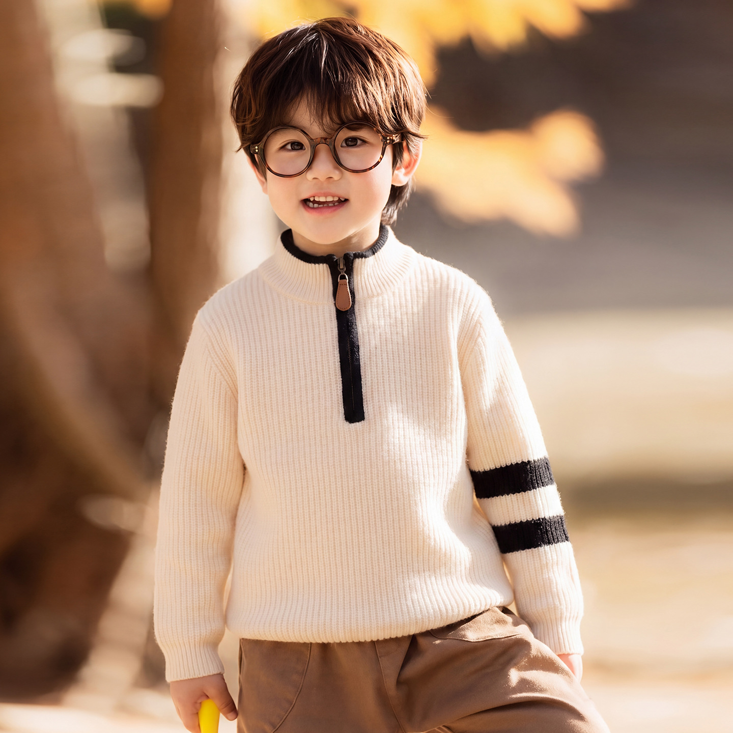 男女童羊毛衫秋冬款韩系线条半拉链100%纯羊毛针织衫加厚保暖上衣