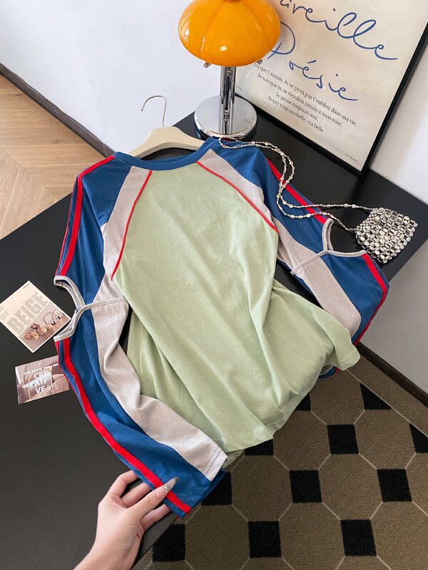 自留款韩系chic别致洋气减龄上衣设计感小众宽松慵懒撞色条纹T恤|undefined