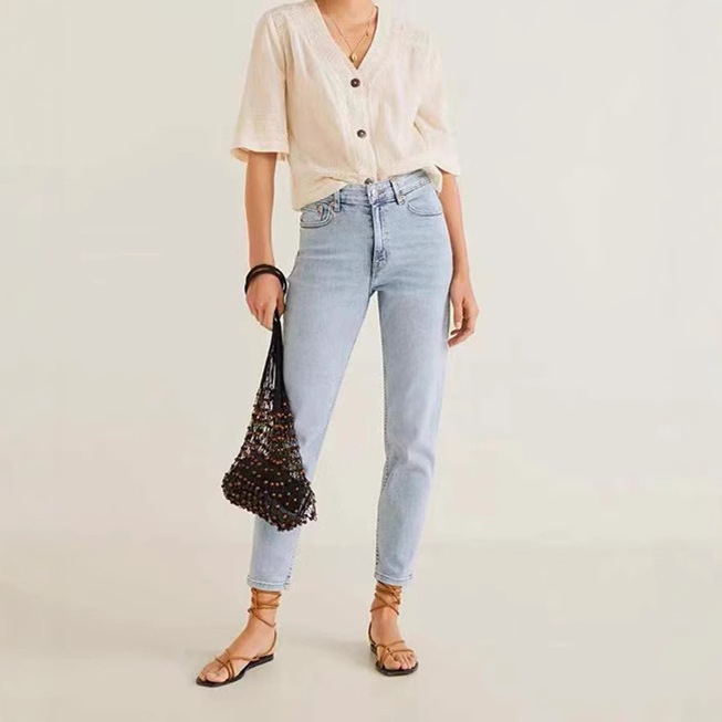 Suministro transfronterizo de cintura alta color sólido delgado jeans rectos mujeres image 3