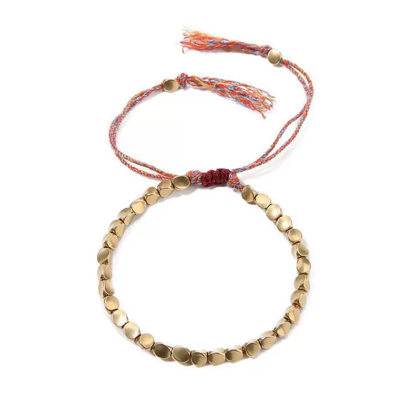 Hand-Woven Golden Copper Bead Tassel Bracelet with Golden Twisted Copper Beads, Xizang-Style Cotton Thread, and Irregular Copper Beads