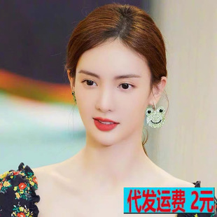 925 Silver Needle Gold Morning Same Style Earrings Earrings Ear Hook Green Diamond Frog Asymmetric Earrings 2022 New Women