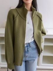 慵懒风毛衣外套女2025秋冬新款韩系纯色立领拉链针织开衫上衣