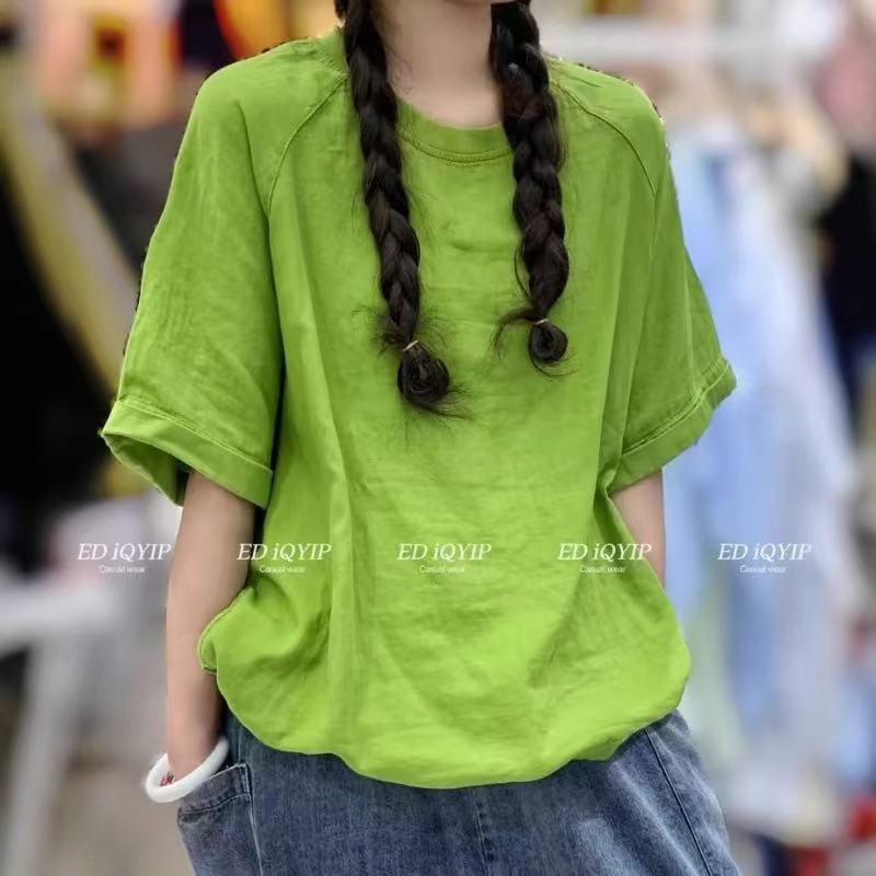 Summer New Arrivals: Simple and Artistic Japanese-Style Round-Neck Comfortable Versatile Loose Pullover Solid Color Cotton-Linen Short-Sleeve Shirt Summer New Arrivals: Simple and Artistic Japanese-Style Round-Neck Comfortable Versatile Loose Pullover Solid Color Cotton-Linen Short-Sleeve Shirt