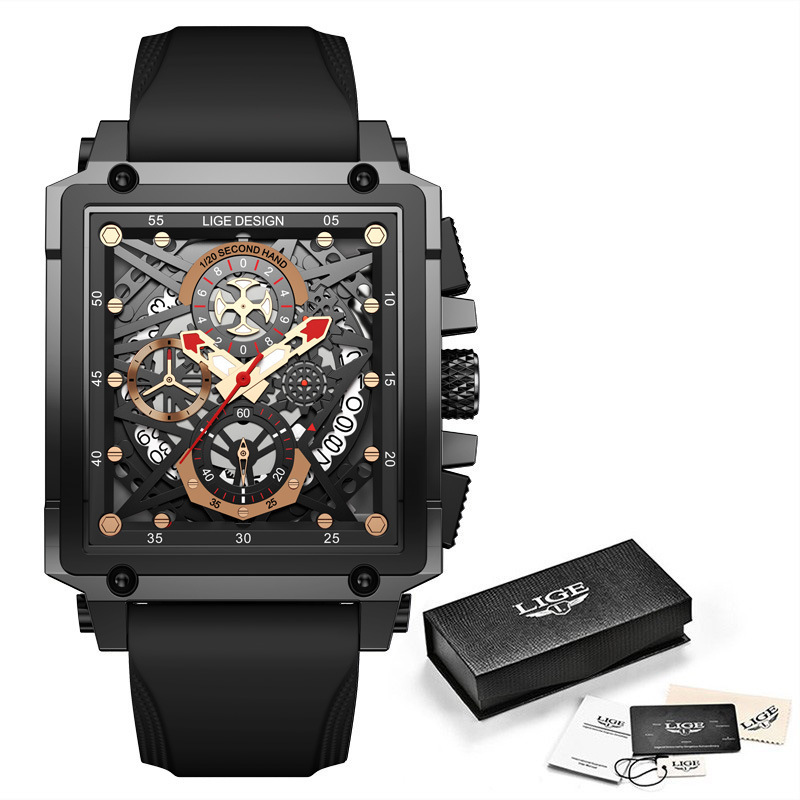 LIGE 8935 cinta deportiva placa cuadrada personalizada creativa cuarzo hueco fresco reloj de los hombres calendario