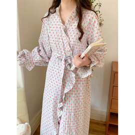 实拍2024秋新款睡衣女韩系减龄格子爱心开衫系带舒适家居服带发圈