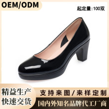 工作鞋女黑色女皮鞋高跟鞋女粗跟上班面试空姐单鞋亮皮百搭春秋季