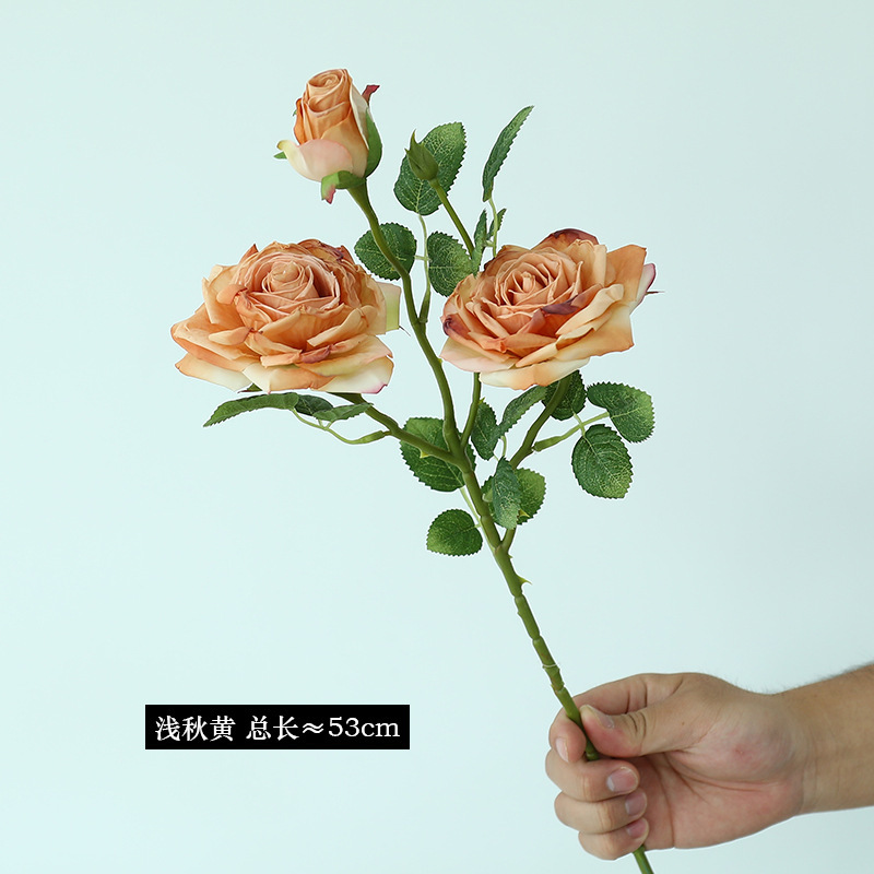 法式3头焦边玫瑰花假花复古客厅餐桌仿真花装饰摆件插花家居婚庆|undefined