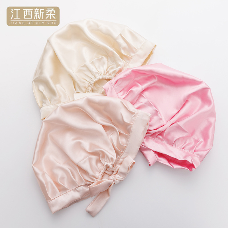 亞馬遜護髮帽綁帶可調節浴帽女士家居無痕睡帽仿真絲月子帽廠家