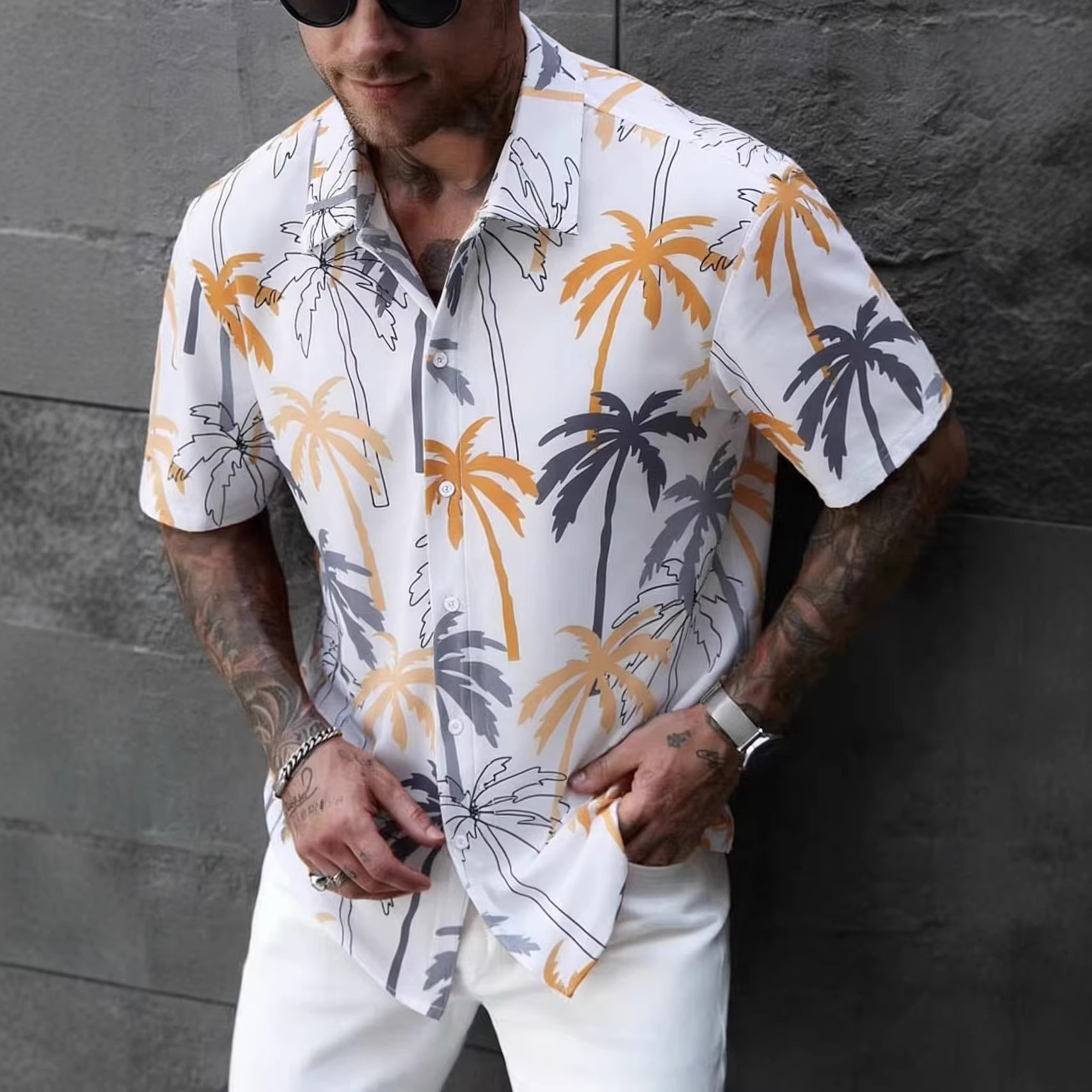 Casual Foreign Trade Men's Grey Yellow Coconut Tree Men's Short-sleeved Shirt Men's Shirt Summer 2025 New Cross-border Special