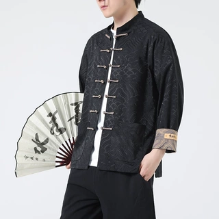 新中式春夏新品海水江涯纹高密绸缎提花盘扣长袖情侣款立领衬衫