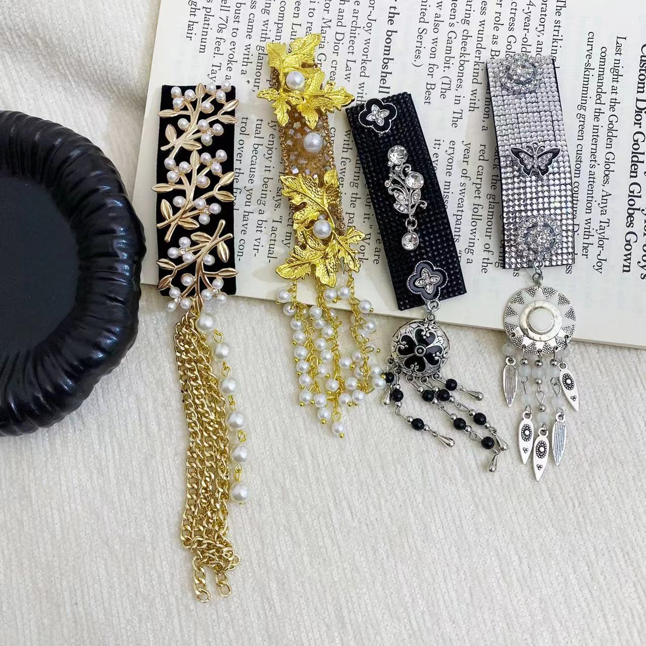 新中式輕奢花朵珍珠流蘇髮夾復古民族風精緻邊夾劉海夾子新娘髮飾