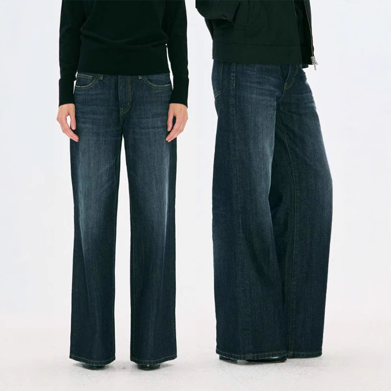Junan Jeans Customized Mid-To-Classy Factory Retro Dark Blue Low-Waist Wide-Leg Straight Long Jeans for Women