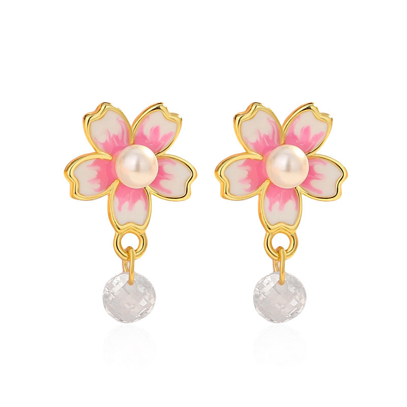 S925 plata Rosa dulce flor de cerezo aretes hembra flor fresca flor perla pendientes borla diamante-incrustado joyería
