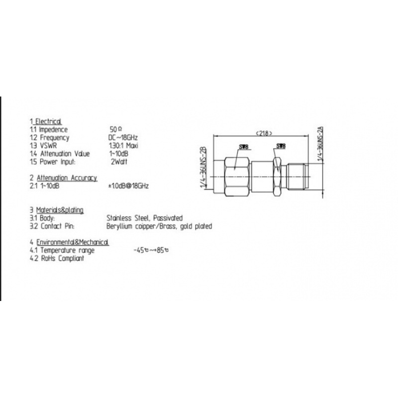 SMA-N RF 고정 감쇠기, 남성과 여성 2 와트 주파수 최대 18GHZ 공장 공급