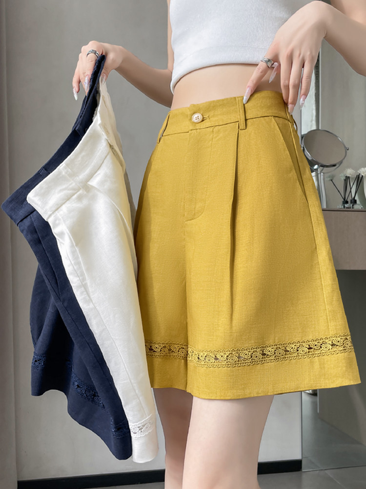 Quần short vải lanh nữ cạp cao ống rộng dáng chữ A — Xanh lông mòng đen
