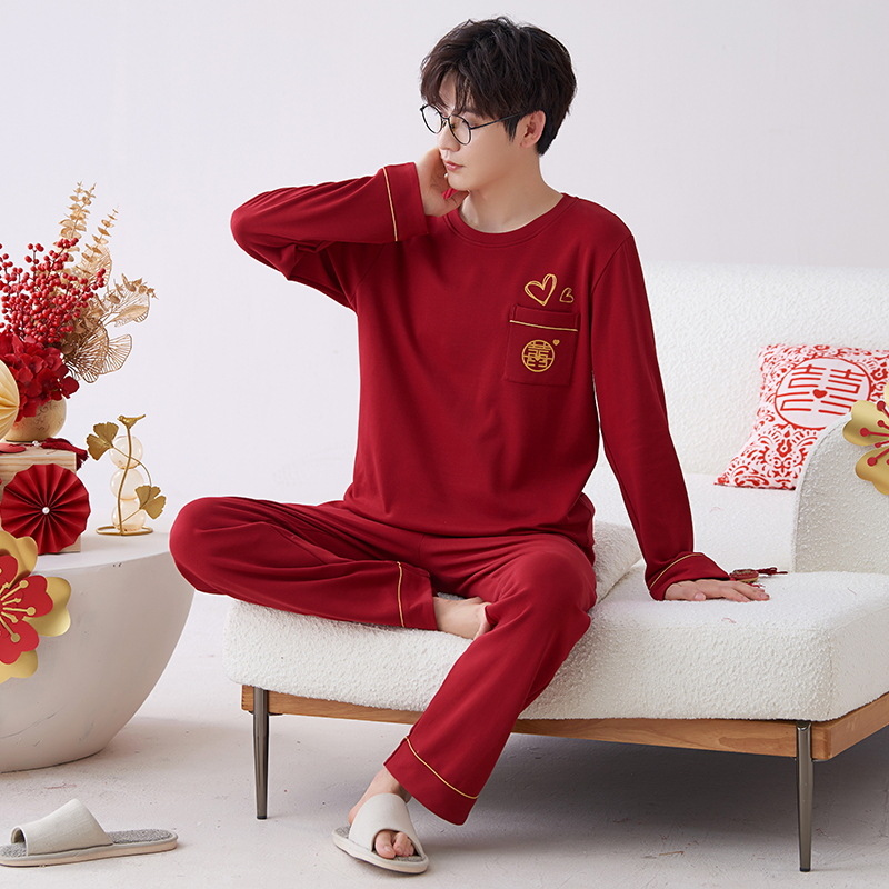 Venta al por mayor de primavera y otoño pijamas de algodón puro de los hombres de la boda jersey rojo más tamaño casual ropa de abrigo ropa de casa de dos piezas conjunto