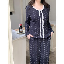 2025冬季加厚冬日暖绒复古碎花花边梅花扣家居服睡衣套装