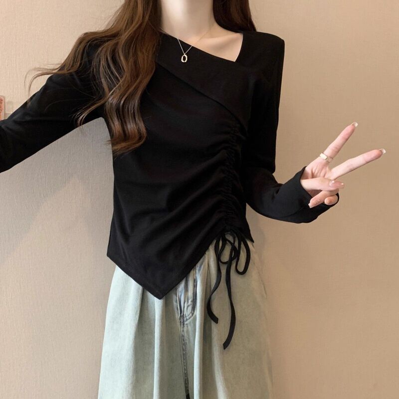 设计感不规则长袖t恤打底衫女春秋大码胖mm抽褶遮肚显瘦独特上衣|undefined