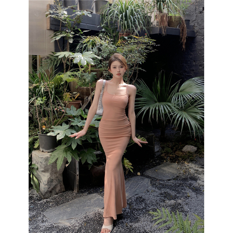 Purple Sling dress Women's Summer Pure Style Sexy Mid-length Skirt Tight Figure Sheath Fishtail Skirt