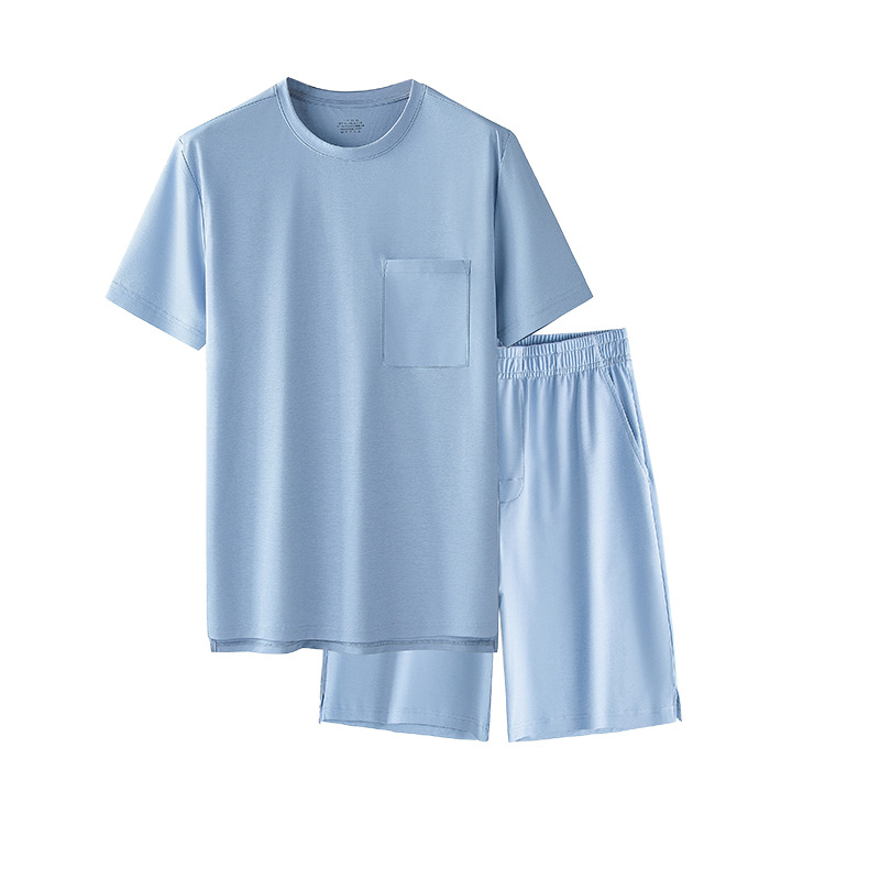 Conjunto de pijamas finos de color puro para hombre de primavera y verano de algodón mercerizado de 80 unidades, sensación fresca y antiarrugas, pantalones cortos de manga corta disponibles