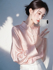 新中国式女装国風ピンクサテンジャカードシャツ女性2025早春唐装上着改良盤ボタンシャツ