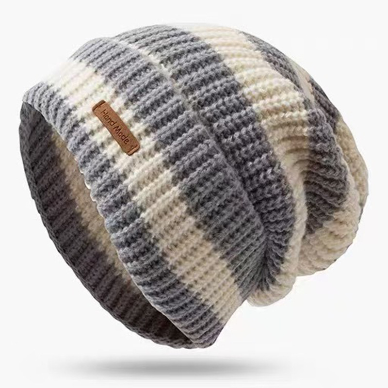 Japanese Retro Letter Small Label Striped Large Version For Women Autumn Winter Warm Versatile Knitted Slouchy Hat_voghion.com