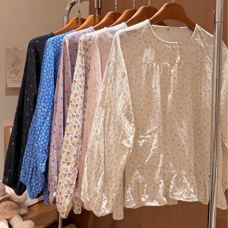 Round-neck lace long-sleeve long-pants set, double-layer gauze, cute cartoon print, cute girl's home wear Round-neck lace long-sleeve long-pants set, double-layer gauze, cute cartoon print, cute girl's home wear