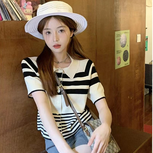 Summer Striped Polo Collar Short Sleeve Knit T-shirt for Women Sweet Cool Charming Thin Short Top