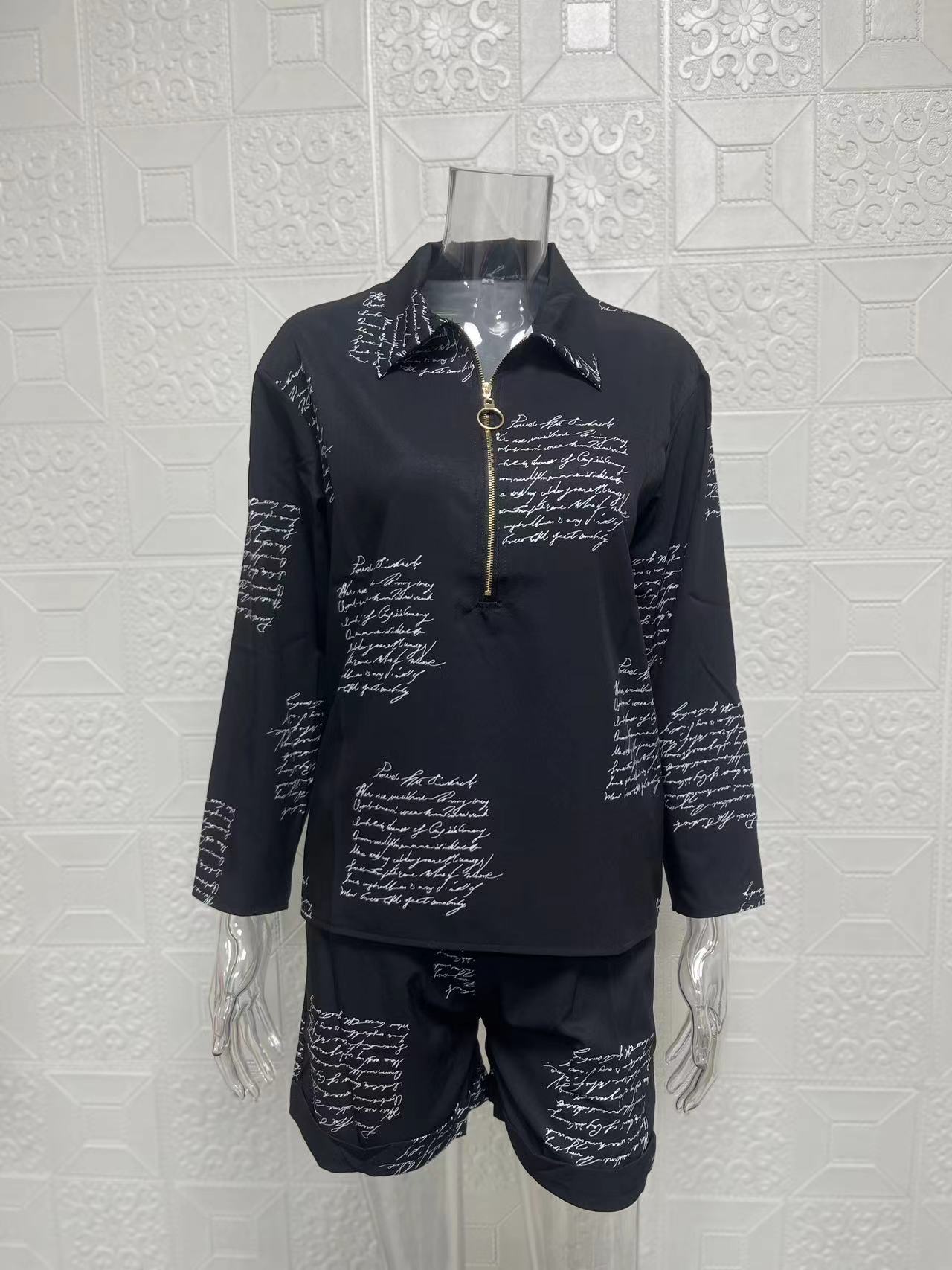 Ensemble deux pièces pour femmes, haut à manches longues, short imprimé avec fermeture éclair, nouvelle collection automne 2024_voghion.com