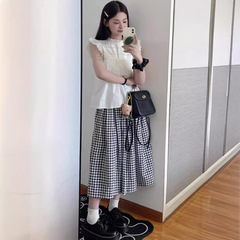 黒と白のチェック柄スカート レディース 夏秋新作 ハイウエスト ミモレ丈 アンブレラスカート 小柄さん向け エレガント Aラインスカート