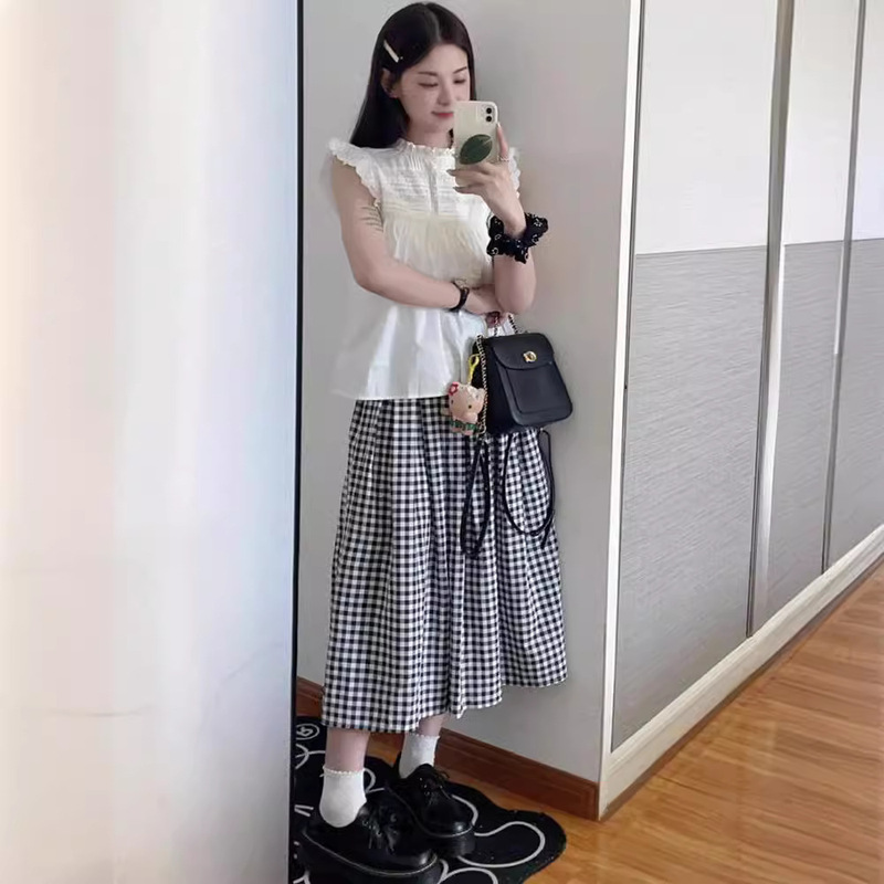 黒と白のチェック柄スカート レディース 夏秋新作 ハイウエスト ミモレ丈 アンブレラスカート 小柄さん向け エレガント Aラインスカート|undefined