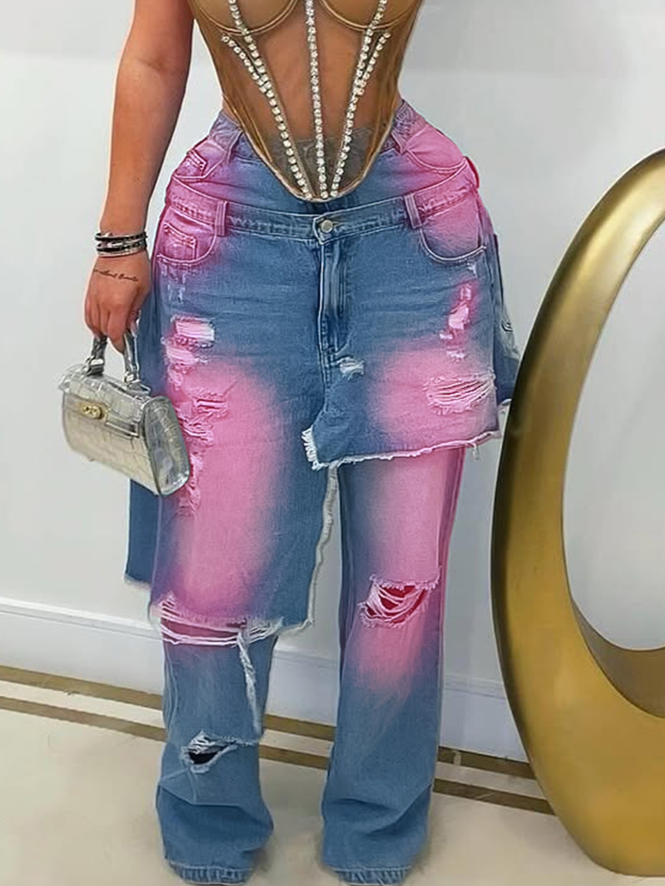 YL2568 Autumn/Winter European And American Women's Fashion Washed Ripped Spray-Dyed Loose Stretch Denim Patchwork_ecoleips.com