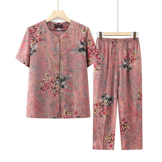 suit Grandma Cardigan Top Mother Summer 2024 New Clothes Middle-aged and Elderly Short-sleeved Shirt Pants Small Shirt