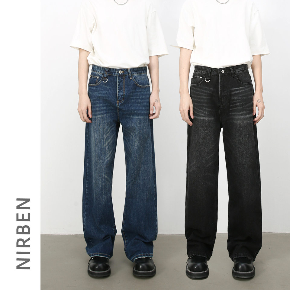 Quần jean nam ống rộng ống đứng phong cách Hàn, cạp vừa, denim cotton thoáng mát — Màu xanh lam, Đen xám
