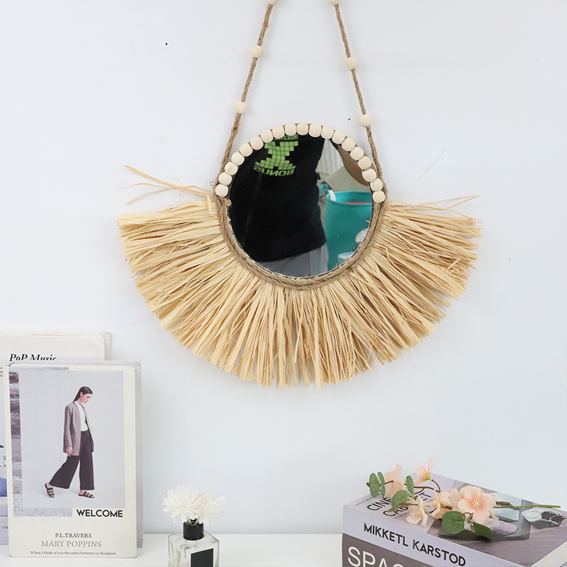 Espejo de maquillaje de hierba de estilo nórdico transfronterizo, espejo decorativo tejido a mano, espejo de fondo de vivienda creativo, pared de pared de hogar