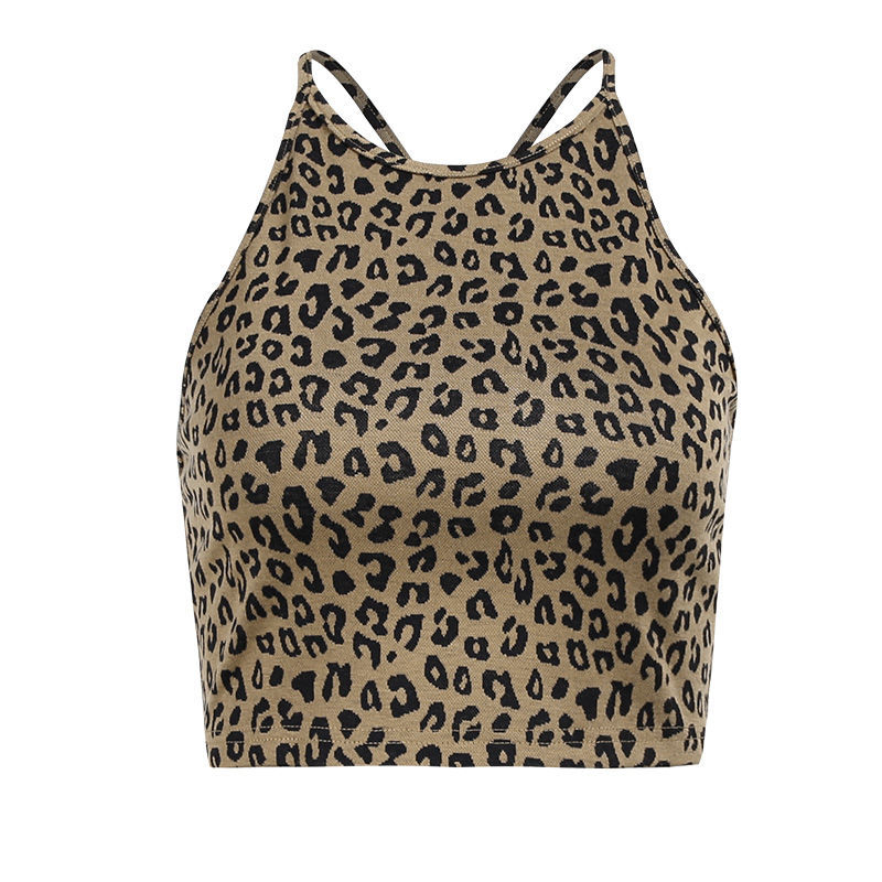Trendy leopard print backless strap vest for women 2023 summer new pure hot girl slim short top
